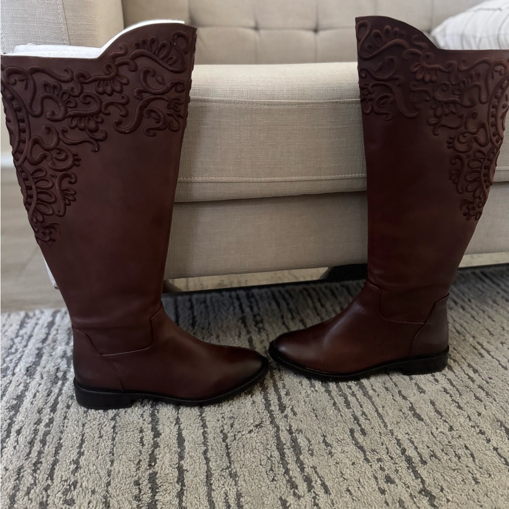 GIANNI BINI Britt Embroidered Riding Boots in Dark Sepia